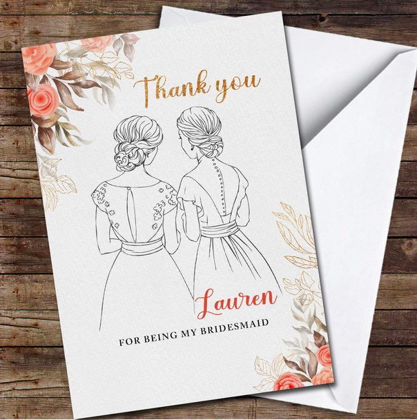 Floral Line Drawing Thank You Sparkle Bridesmaid Personalised Card