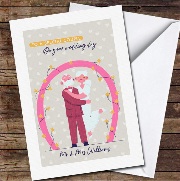 Senior Wedding Couple Pink Arch Special Couple Names Mr & Mrs Personalised Card