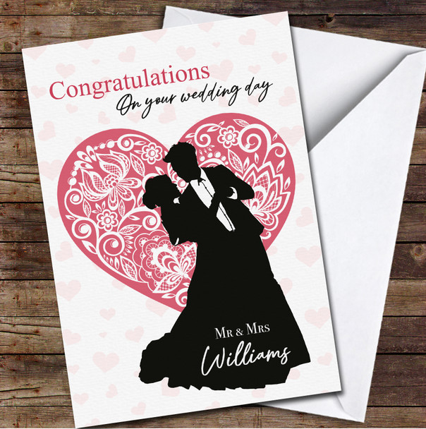 Silhouette Groom Bride Pink Heart Wedding Day Congratulations Personalised Card