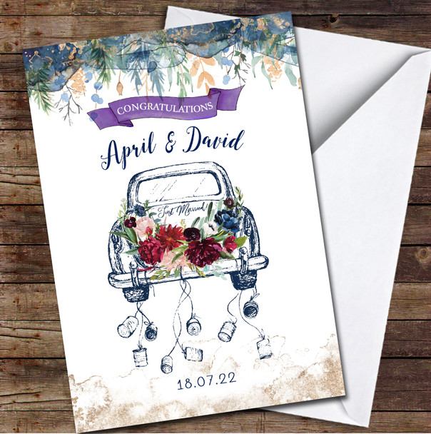 Congratulations Just Married Rustic Floral Wedding Car Names Personalised Card