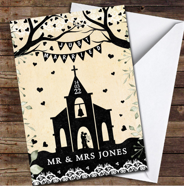 Just Married Wedding Day Name & Date Church Vintage Foliage Personalised Card