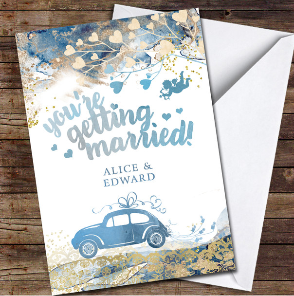 You're Getting Married Wedding Car Blue Golden Cupid Hearts Personalised Card