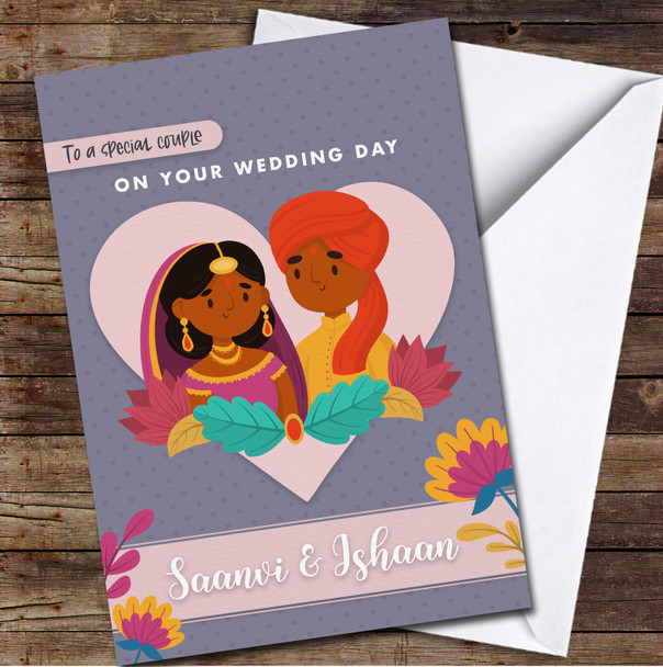 Pink Heart Purple Indian Wedding Day Special Couple Names Personalised Card