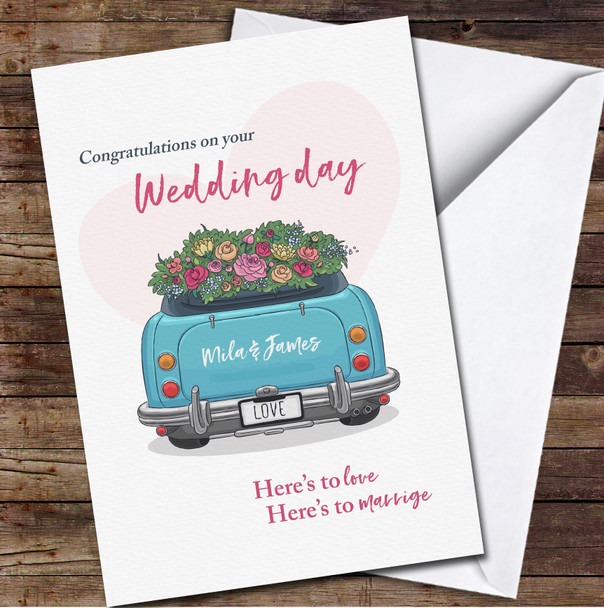 Wedding Day Congratulations Blue Car Love Marriage Names Personalised Card