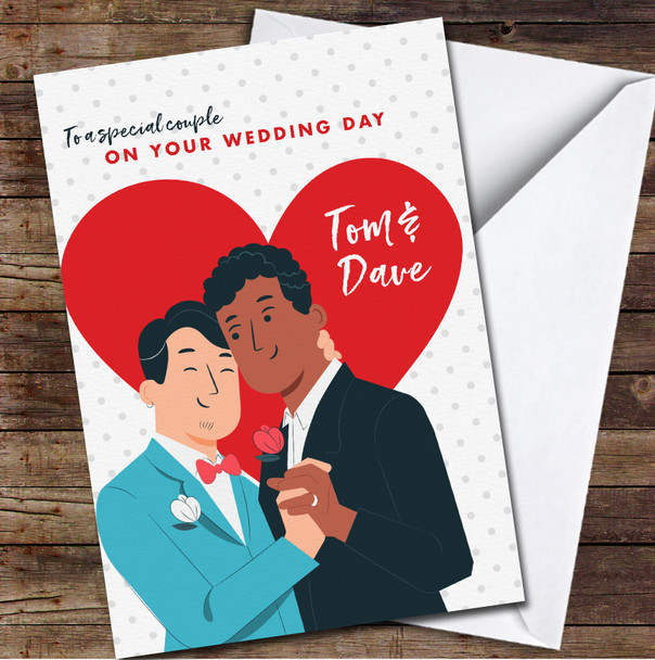 Red Heart Gay Wedding Day Grooms Special Couple Names Personalised Card