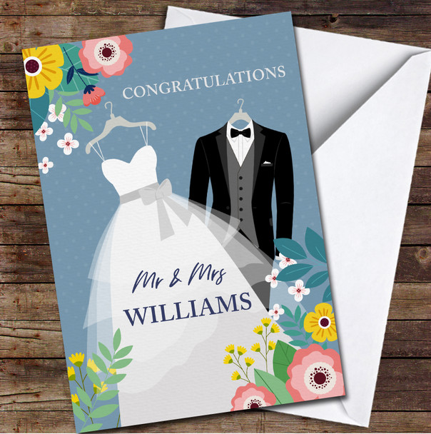 Wedding Day Gown & Suit Floral Congratulations Mr Mrs Personalised Card