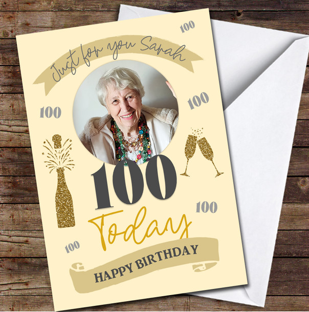 100 Today 100th Gold Female Champagne Flutes Banner Photo Birthday Card