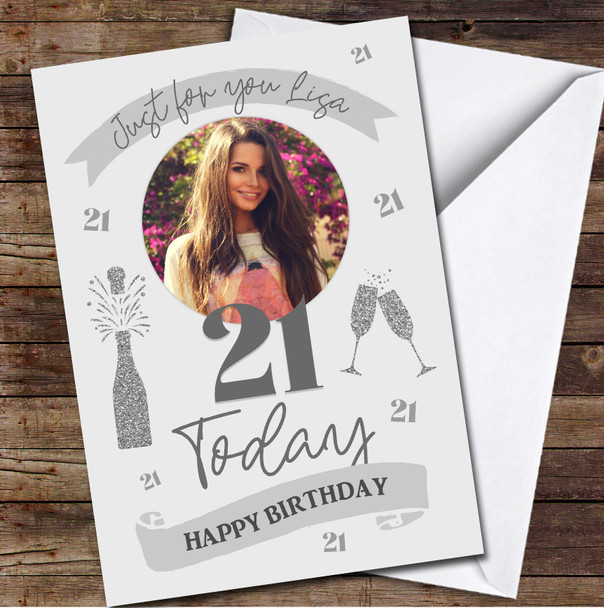 21 Today 21st Silver Female Champagne Flutes Banner Photo Birthday Card