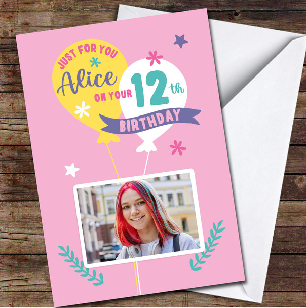 12th Birthday Girl Balloons Pink Photo Personalised Birthday Card