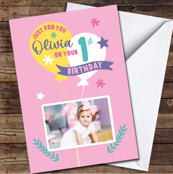1st Birthday Girl Balloons Pink Photo Personalised Birthday Card