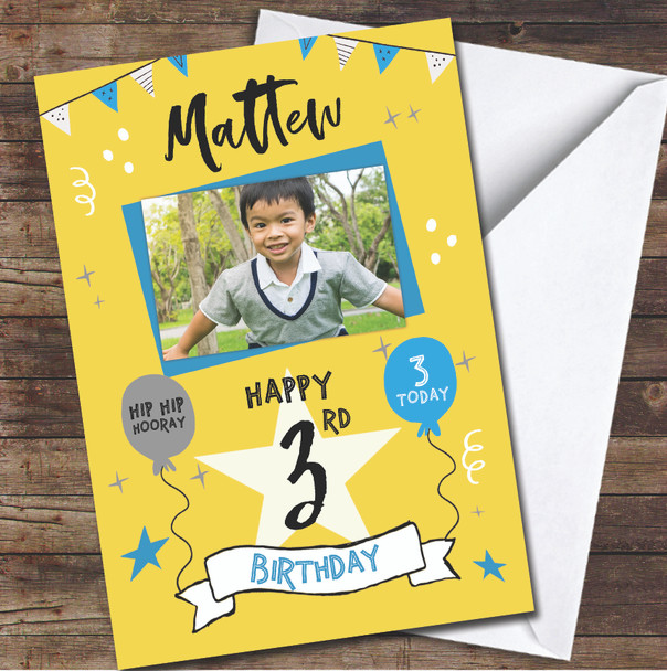 3rd Birthday Boy Party Yellow Photo Personalised Birthday Card