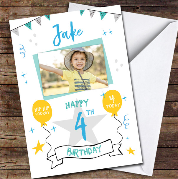 4th Birthday Boy Party Bright Photo Personalised Birthday Card