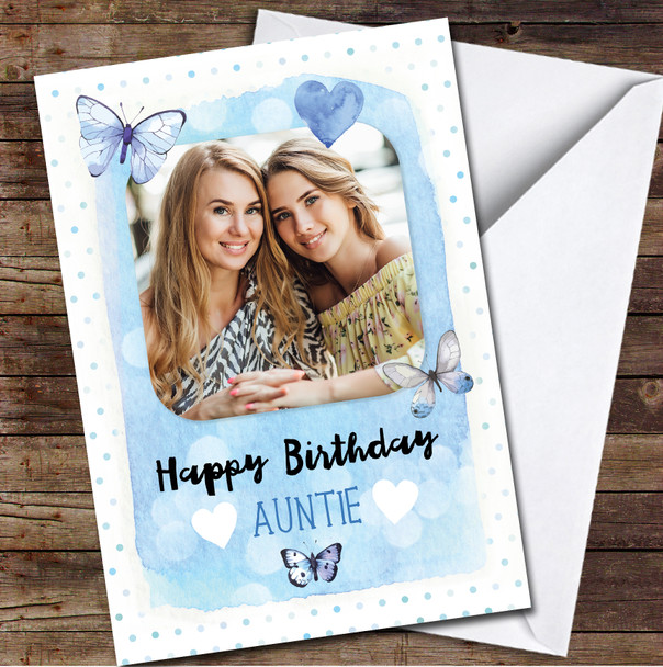 Auntie Happy Blue Heart Polka Dot Butterflies Photo Personalised Birthday Card