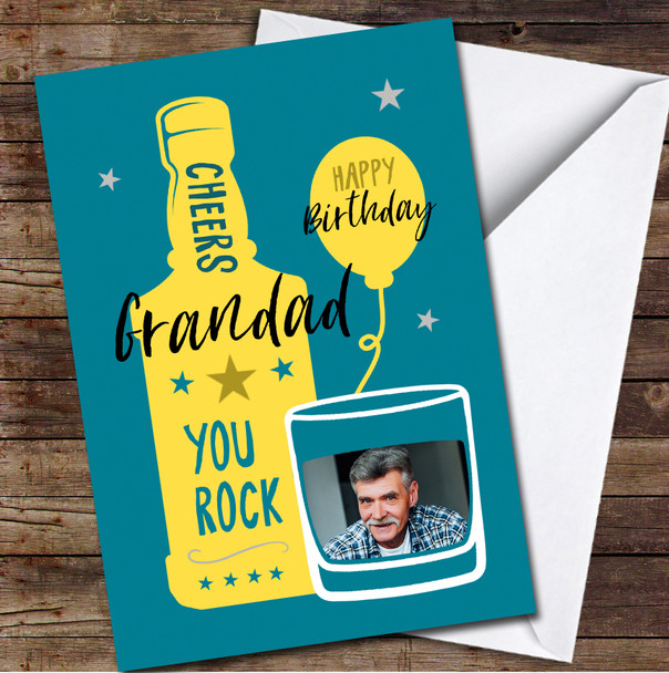 Grandad Whiskey Glass You Rock Blue Yellow Photo Personalised Birthday Card
