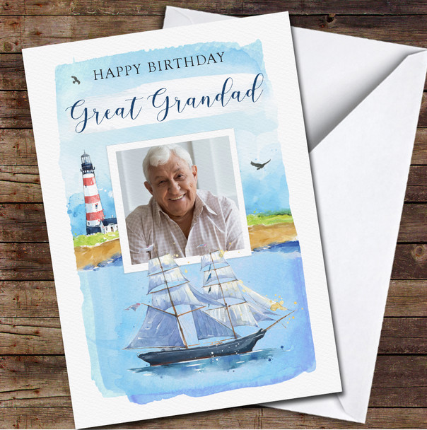 Great Grandad Sail Boat Lighthouse Painted Photo Personalised Birthday Card