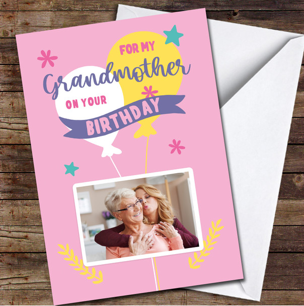 Grandmother Yellow Balloons Pink Photo Flowers Personalised Birthday Card