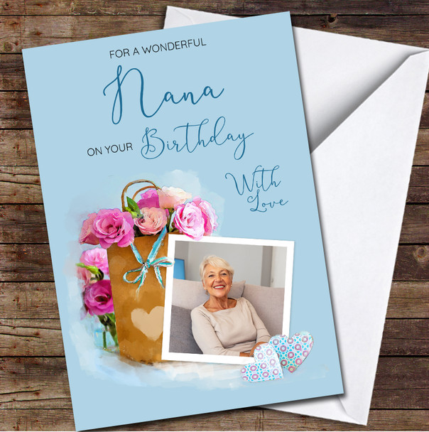 Nana Pink Flowers Blue Gift Bag Painted Photo Personalised Birthday Card