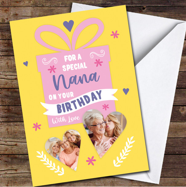 Nana Birthday Yellow Pink Gift Heart Photos Personalised Birthday Card