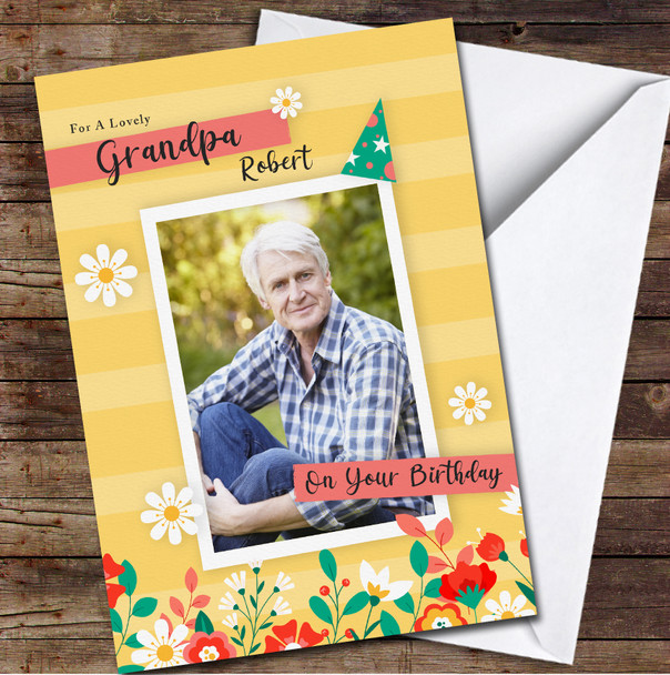 Grandpa Yellow Background Photo Frame With Flowers Card Birthday Card