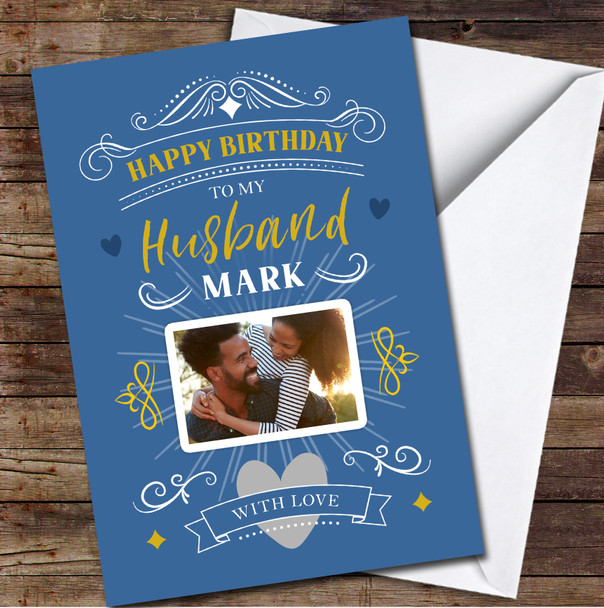 Husband Birthday Text Typo Navy Blue Photo Personalised Birthday Card