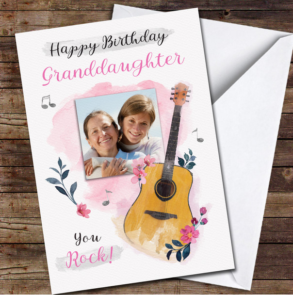 Granddaughter Guitar Music Pink Flowers Painted Photo Personalised Birthday Card