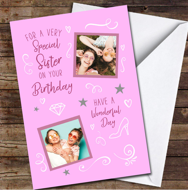 Special Sister Birthday Yellow Pink Blue Icons Photo Personalised Birthday Card