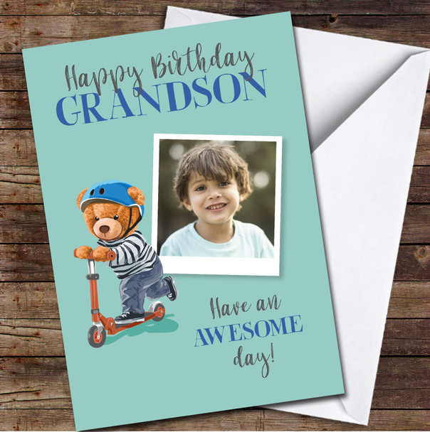 Grandson Birthday Bear Scooter Blue Photo Personalised Birthday Card