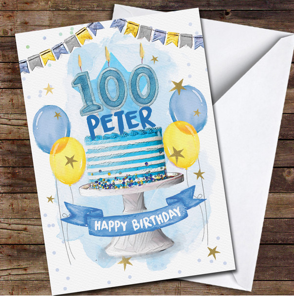 100th Hundred Male Cake Painted Party Balloons Personalised Birthday Card