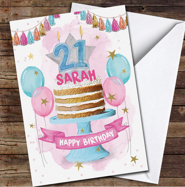 21st Birthday Pink Blue Balloons Sponge Cake Party Personalised Birthday Card