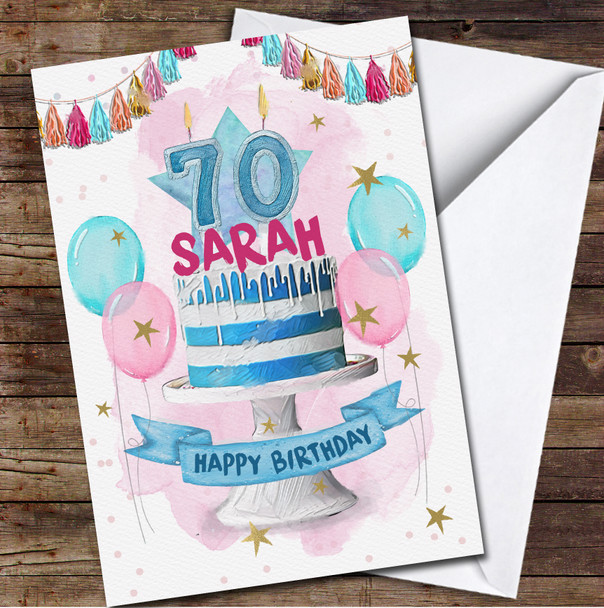 70th Seventy Birthday Blue Stripe Cake Party Balloons Personalised Birthday Card