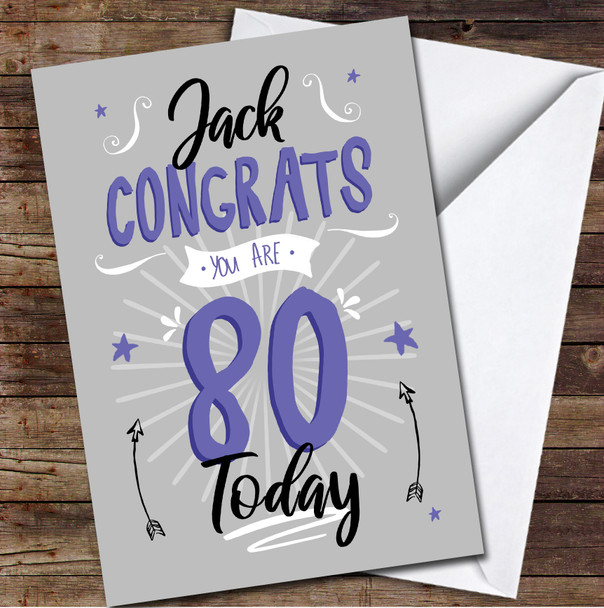 80th Birthday Male Purple Text Personalised Birthday Card