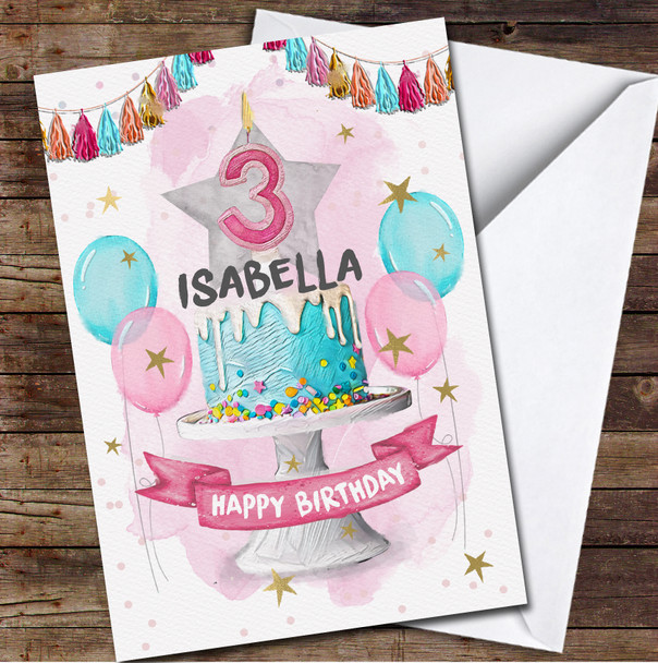 Blue Sprinkle Cake & Balloons Children's Age 3 Third 3rd Birthday Card