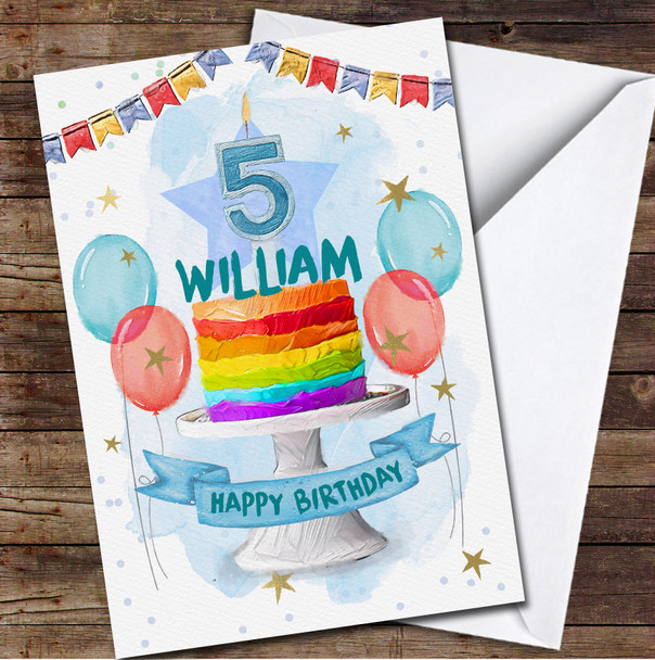5th Fifth Boy Rainbow Cake Painted Party Balloons Personalised Birthday Card