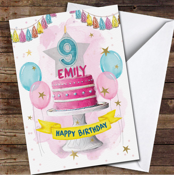 Pink Sparkle Cake Balloons Children's Age 9 Ninth 9th Personalised Birthday Card