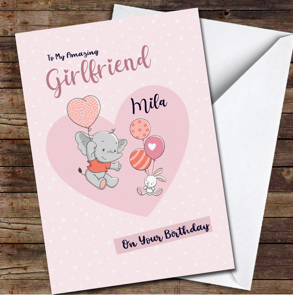 Girlfriend Cute Elephant And Bunny With Balloons Card Personalised Birthday Card