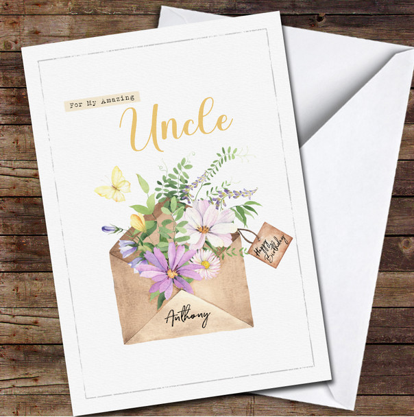 Uncle Birthday Watercolour Envelope With Flowers Card Personalised Birthday Card