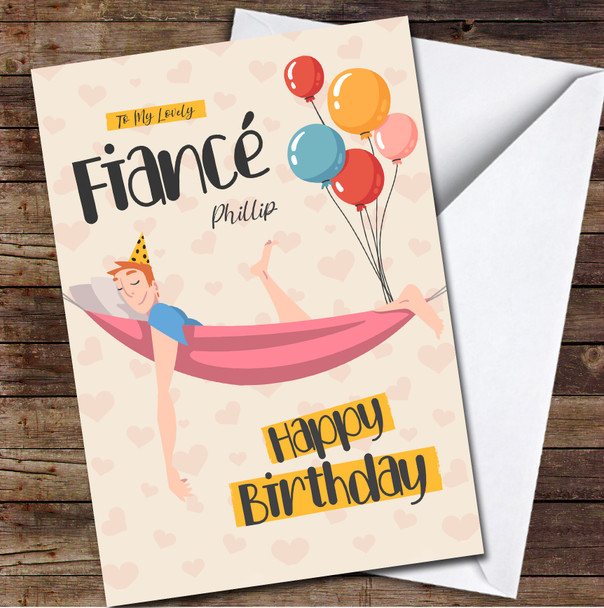 Fiancé Orange Hair Smiling Man Lying In Hammock Card Personalised Birthday Card