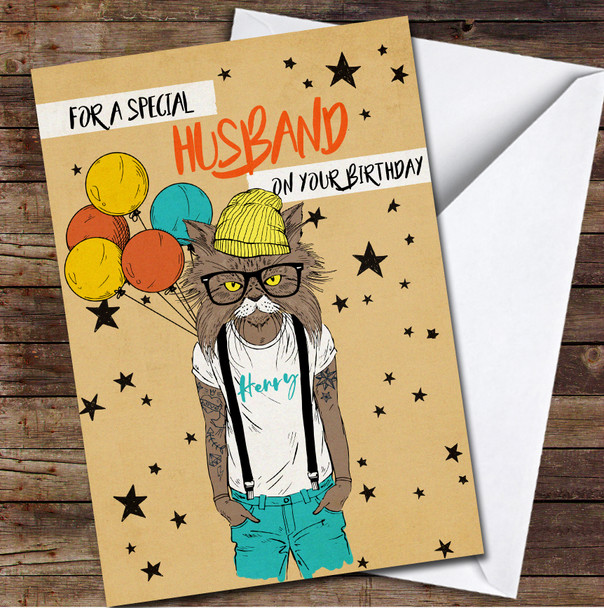 Husband Hipster Cat With Balloons Yellow Orange Blue Personalised Birthday Card