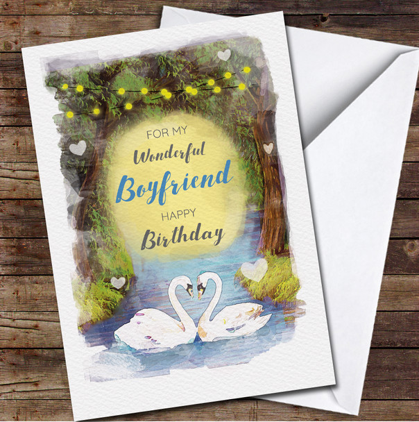 Wonderful Boyfriend Forest Swans Love Couple Painted Personalised Birthday Card