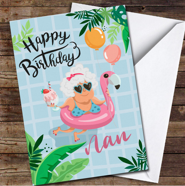 Funny Nan In Inflatable Pink Flamingo Happy Birthday Personalised Birthday Card