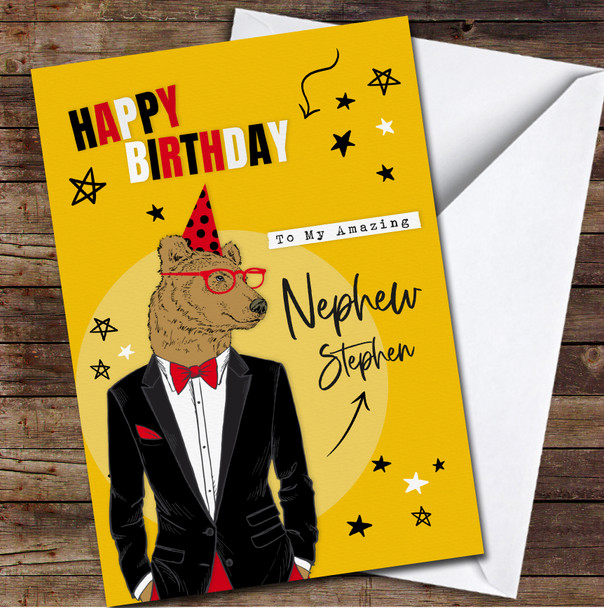 Amazing Nephew Bear Man Dressed Up In Tuxedo Yellow Personalised Birthday Card