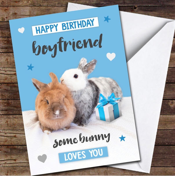 Boyfriend Bunny Kiss Cute Animal Blue Romantic Gift Personalised Birthday Card