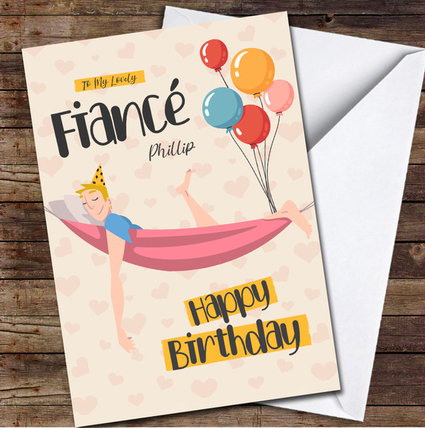 Fiancé Blond Hair Smiling Man Lying In Hammock Card Personalised Birthday Card