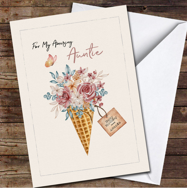Auntie Ice Cream Horn With Flowers Blush Pink Blue Personalised Birthday Card
