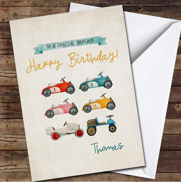 Watercolour Vintage Toy Cars Special Brother Happy Personalised Birthday Card