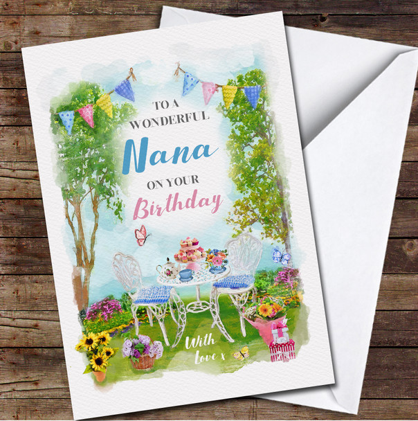 Nana Birthday Garden Afternoon Tea Flowers Painted Personalised Birthday Card