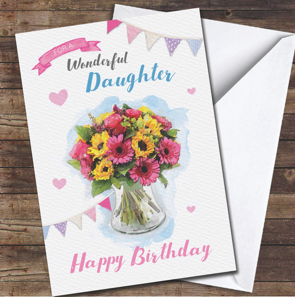 Daughter Wonderful Flowers Sunflower Pink Painted Personalised Birthday Card