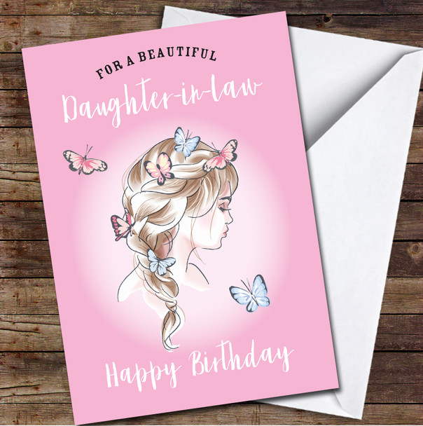 Daughter-in-law Girl Butterfly Illustration Pink Personalised Birthday Card