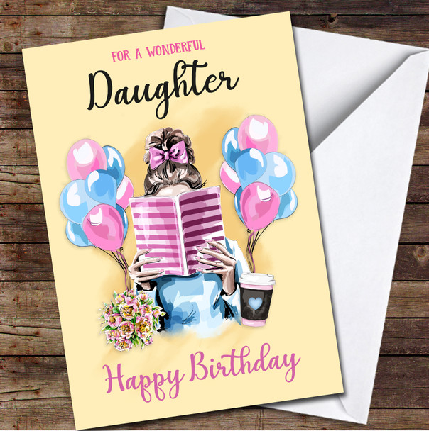 Daughter Book Pretty Glam Yellow Coffee Female Personalised Birthday Card
