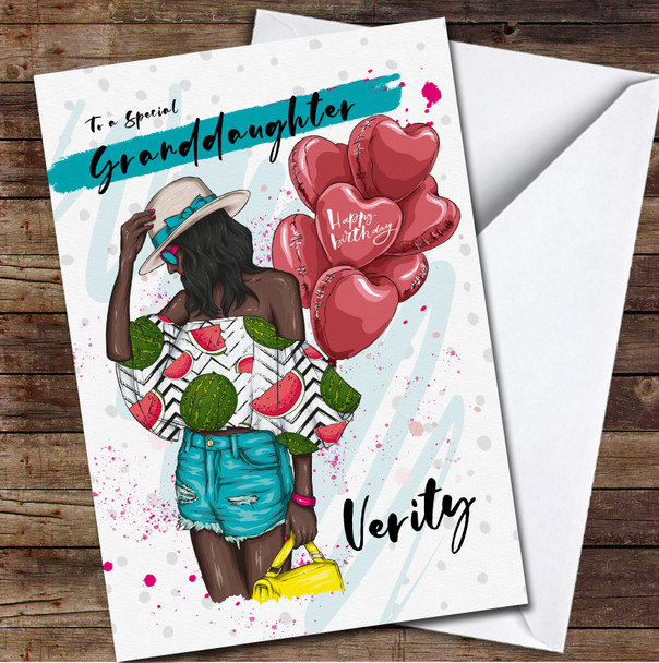 Granddaughter Fashion Woman Red Heart Balloons Personalised Birthday Card